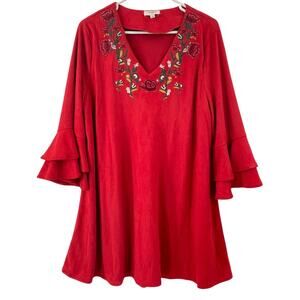Umgee Faux Suede Mini Dress, Embroidered, Ruffled Sleeves, Sz. L Boho Cowgirl